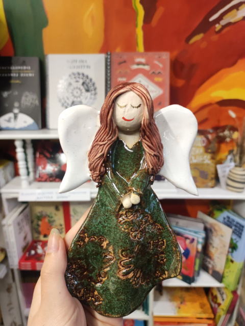 Anioł bieszczadzki ceramiczny ręcznie malowany do powieszenia ciemnozielony