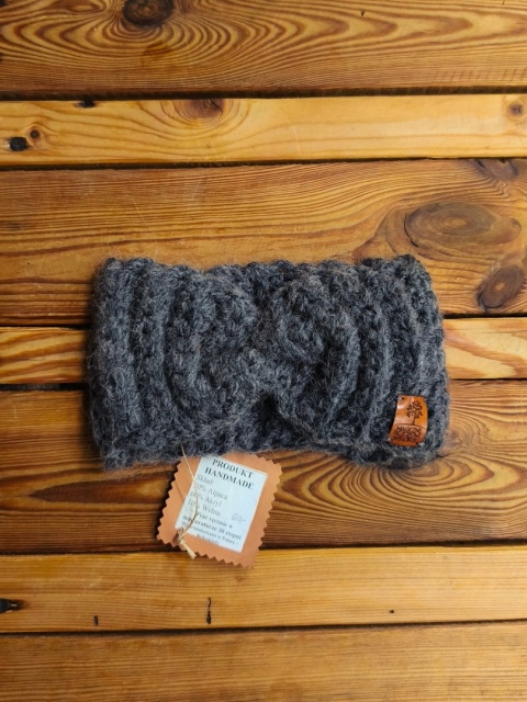 Gruba opaska ręcznie robiona na drutach szara