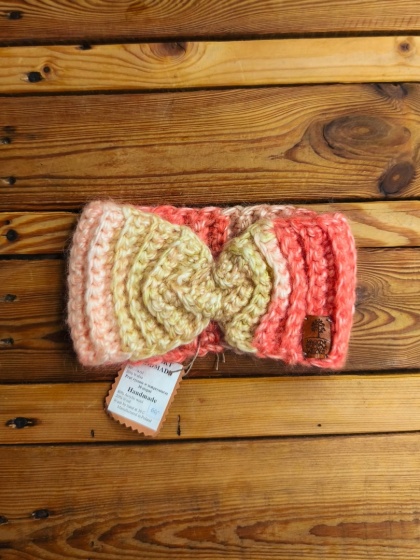 Gruba opaska ręcznie robiona na drutach żółto-czerwona